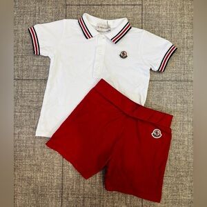 Moncler White and Red Polo Shirt with Striped Trim